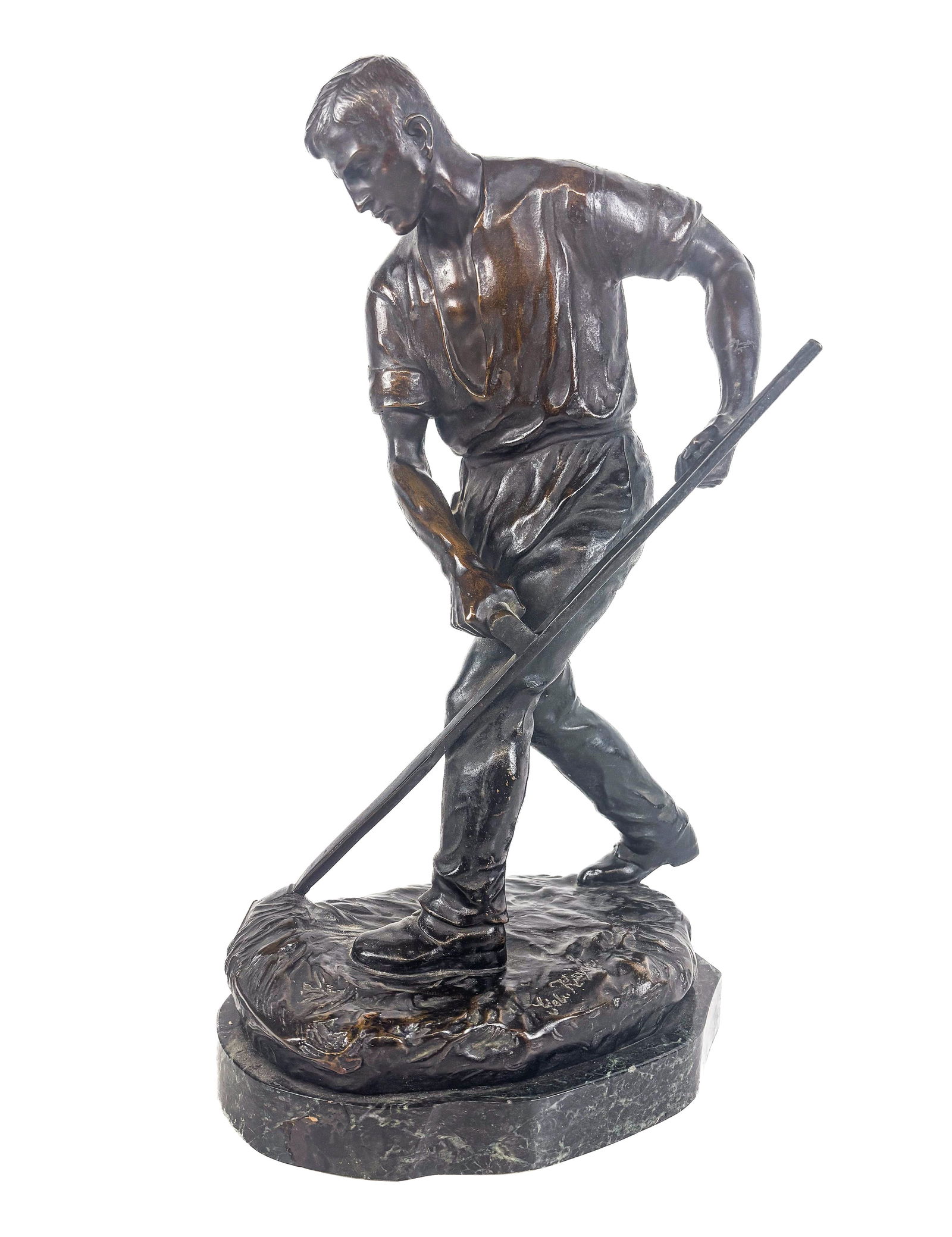 Gebruder Keinz (Keinz Brothers) "Reaper" Bronze: Gebruder Keinz/Keinz Brothers (Austrian, 19th/20th Century) "Reaper" bronze figural sculpture on a marble base, signed Geb. Keinz to lower. [17.5" H x 7" W x 10" D]. Condition is good with some variat
