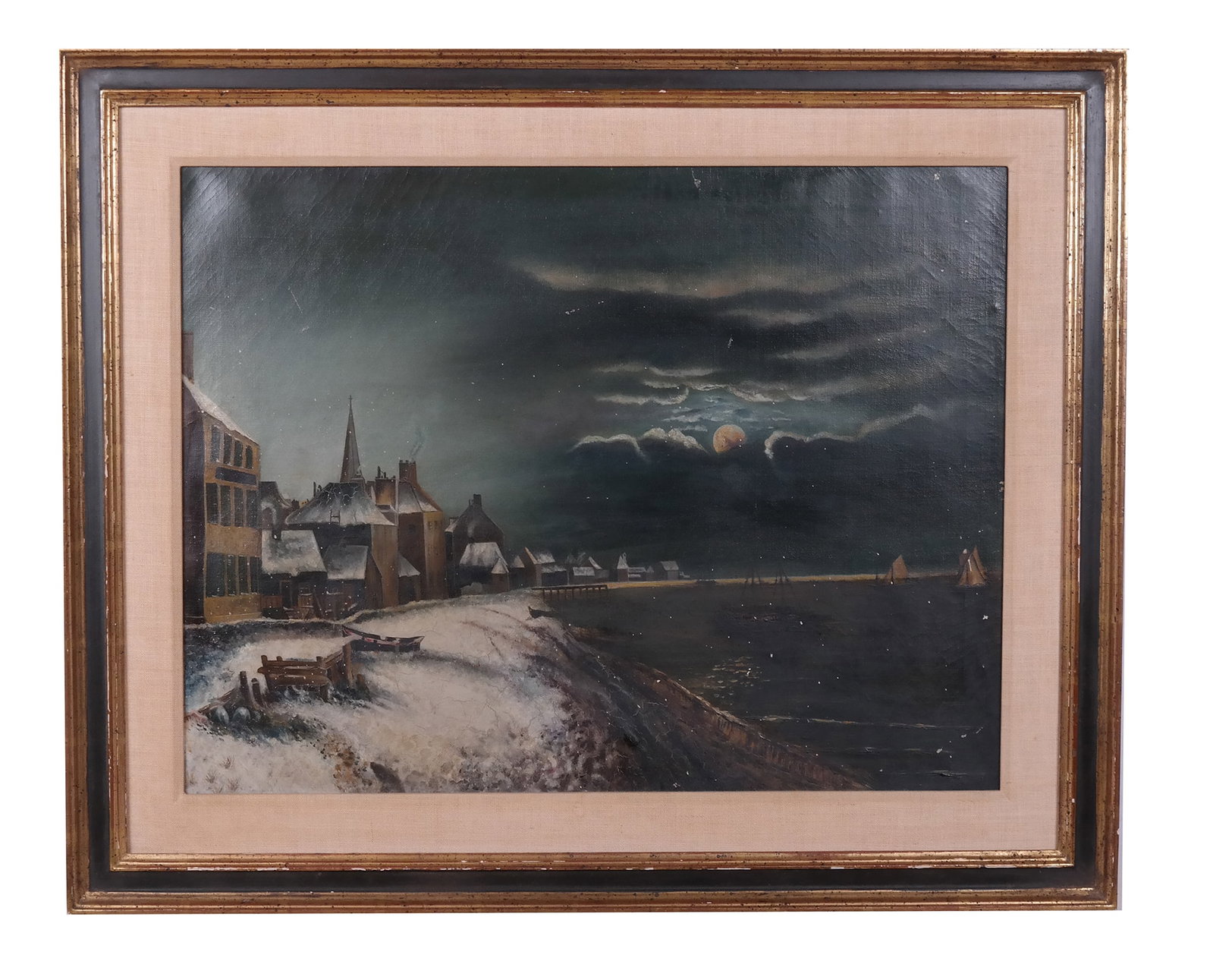 Moonlit Winter Scene - Oil On Canvas: Oil on canvas depiction of a moonlit town on the shore in winter, unsigned. [Art: 19" H x 25" W; Frame: 27" H x 33" W]. Paint chips. ROOM 4