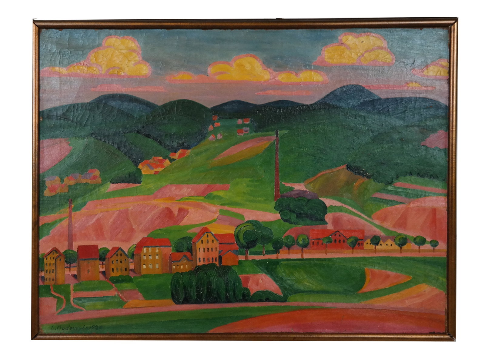 Ludwig GODEWOLS: Town In Landscape - Oil On Canvas: Ludwig Godewols (German, 1870-1926) oil on canvas depiction of a colorful landscape of rolling hills with a town in the foreground, signed lower left, 1920. [Art: 27" H x 36" W; Frame: 29" H x 39" W].