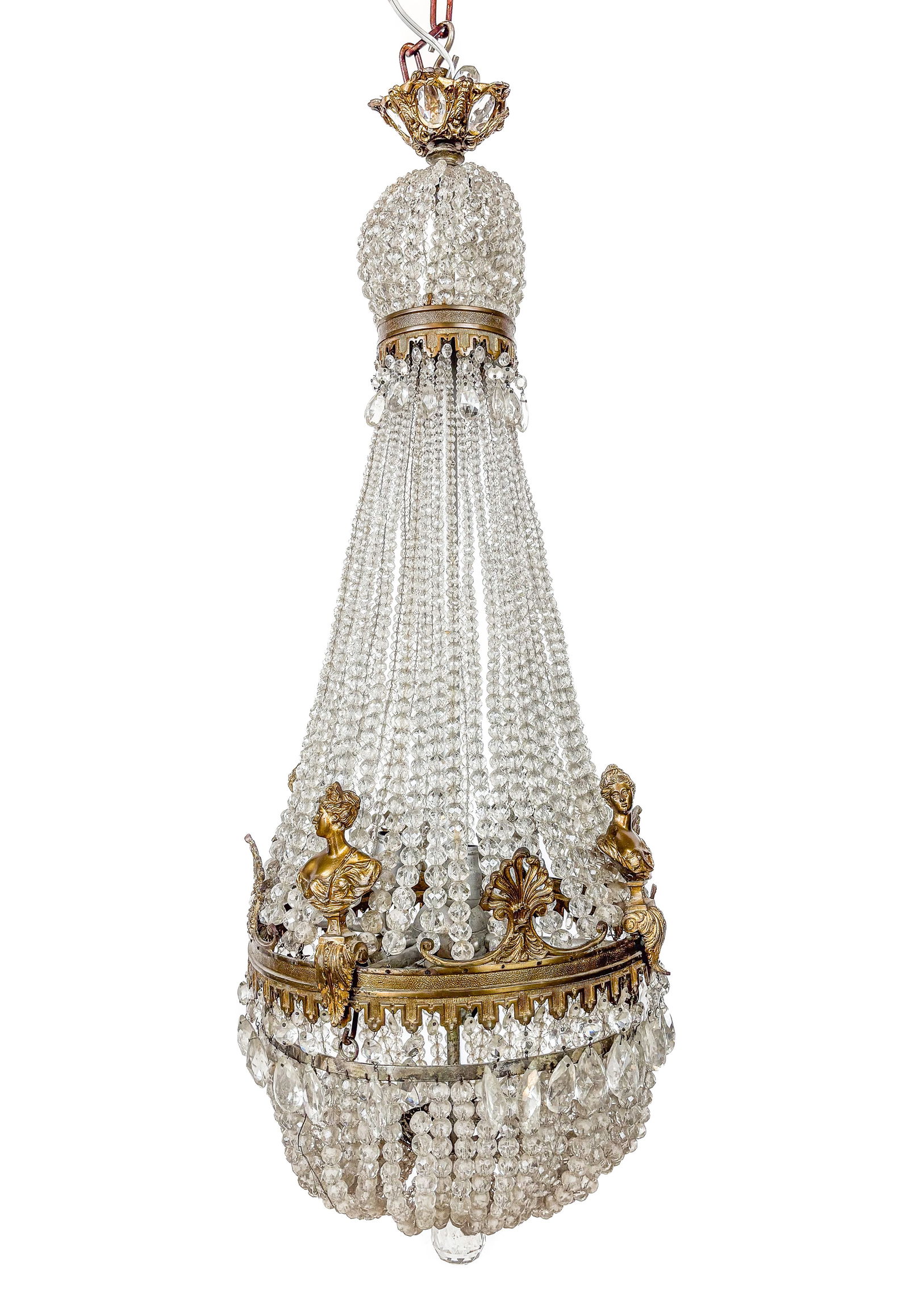 French Regency Basket Chandelier: French Regency basket chandelier, 20th century, with cut glass beading and gilt metal mounts. [To top of chandelier: 44" H x 17" Diameter]. Condition is fair with wear, residue, losses, and disconnect