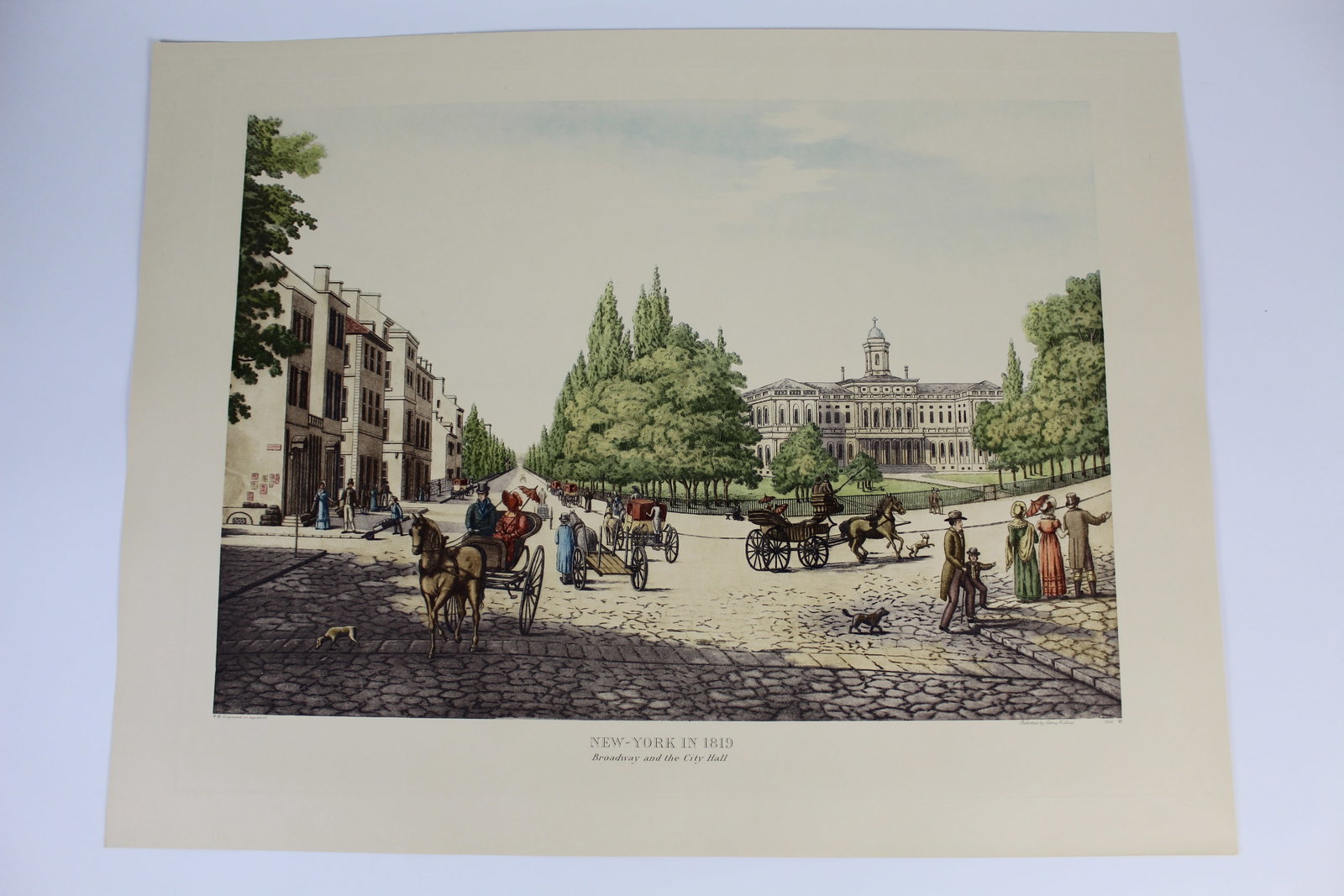 Louis AUGIER: NY in 1819 - 300+ Engravings: A large collection of approximately 300 color aquatint engravings after Louis Augier (French, b. 1825) titled "New-York in 1819 - Broadway and the City Hall." Depicts historical New York City street s