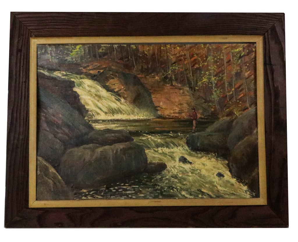 Otto LORENTZ River Landscape on Panel: Otto Lorentz, Man Fishing at a Raging Brook, signed Otto Lorentz lower right. [Art: 16" H x 23"W, Frame: 23" H x 31" W]. Warped.