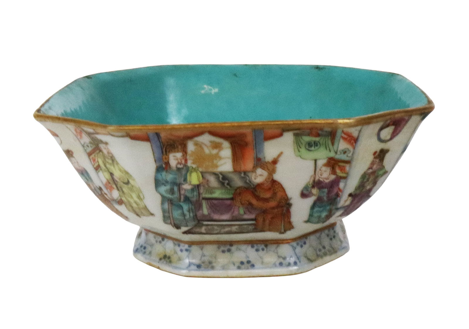 Chinese Famille Rose Bowl, Qing Dynasty: Chinese Famille rose bowl, 18th century, with figural design, gilt details, and a blue glazed interior, with possibly apocryphal Qianlong marks to base. [3" H x 7" Square]. Condition is good with age-