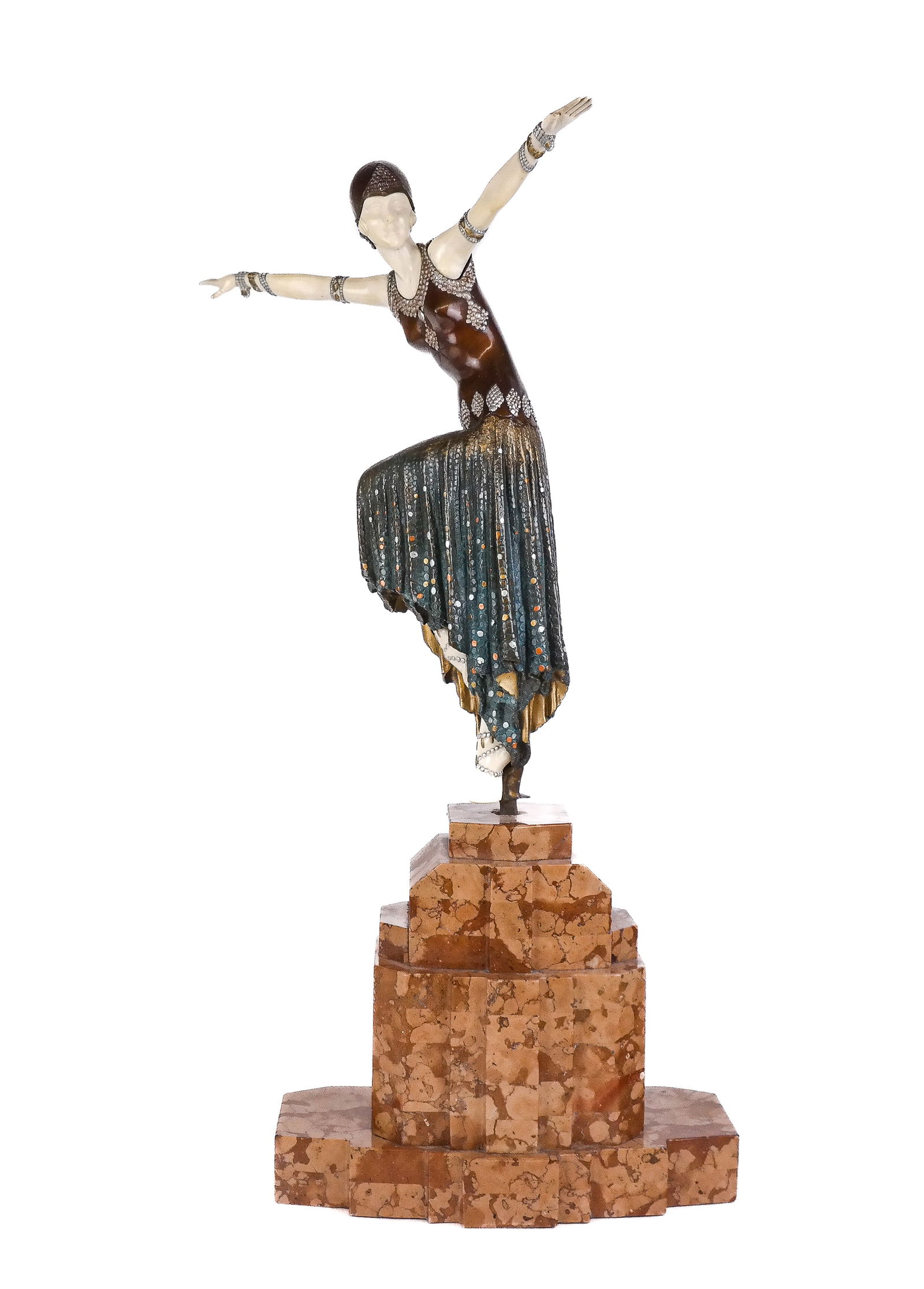 After CHIPARUS "Shimmer" Bronze on Marble: After Demetre Chiparus (Romanian,1886-1947) "Shimmer" bronze on a marble base, signed "D.H. Chiparus" to reverse at marble. [24" H x 14" W x 10" D]. Condition is good with a loss to one finger. Proper