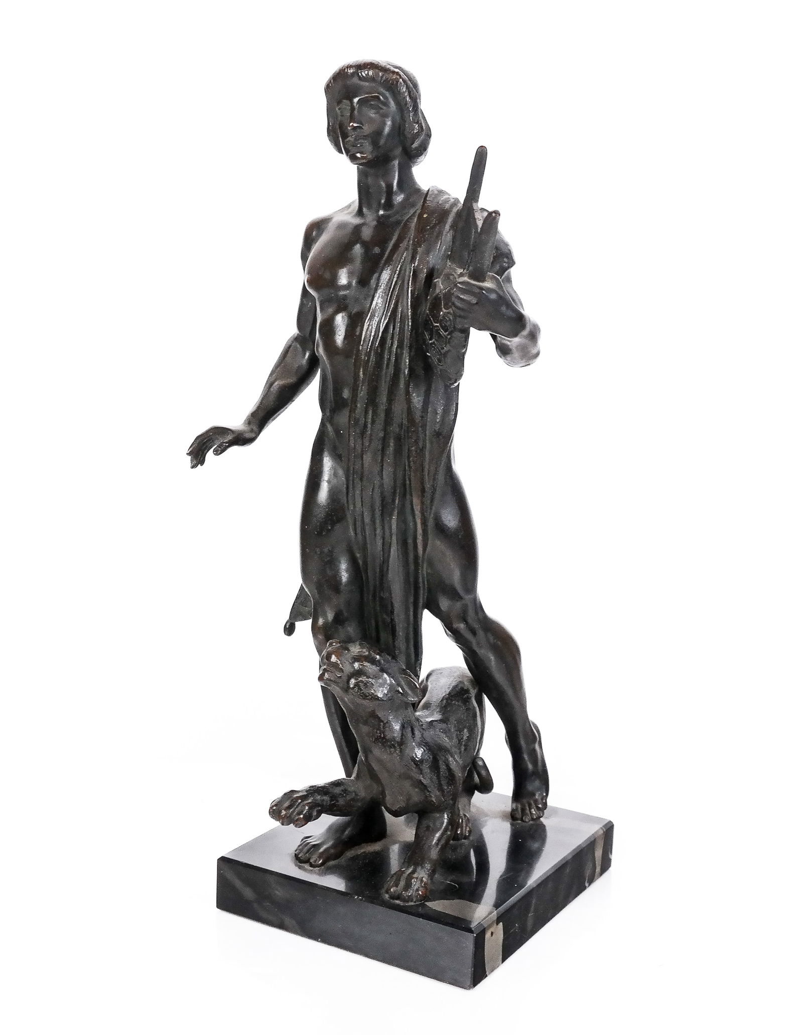 Theodor CHARLEMONT Jugendstil Bronze of Apollo: Theodor Charlemont (Austrian, 1859-1938) bronze sculpture of Apollo on a marble base, signed TH. Charlemont to figure's leg at reverse. [17.5" H x 6" W x 8" D]. Condition is good with some wear. GOLD