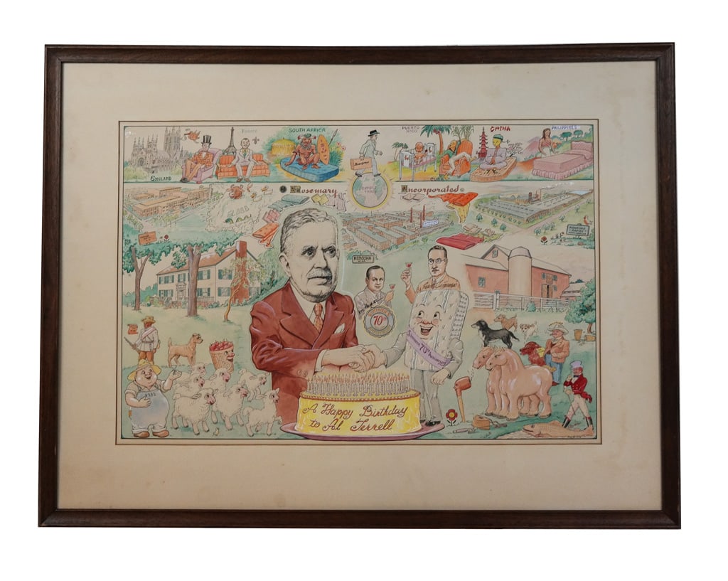 Leon RHODES Birthday Watercolor Illustration: Watercolor illustration, "A Happy Birthday to Al Terrall," signed and dated lower right "Leon Rhodes - '41". [Art: 17.25" H x 26" W; Frame: 26.5" H x 35" W]. Heaving toning, otherwise fine condition.