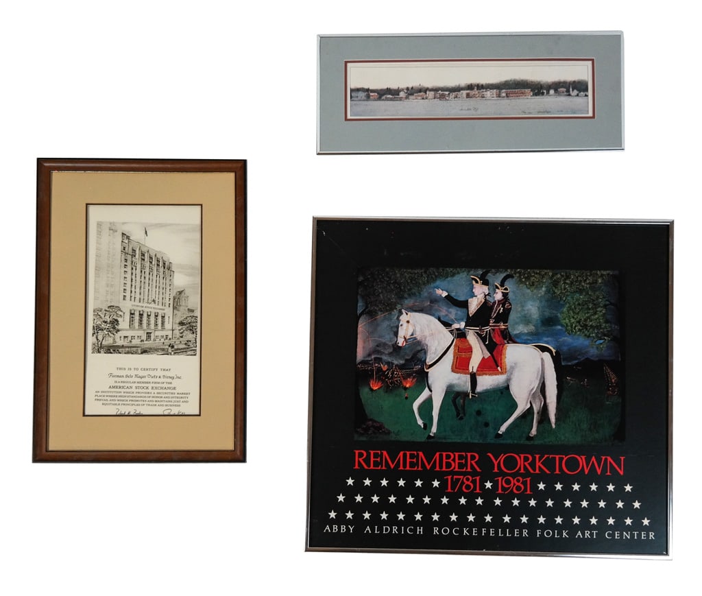 Group of 3 Prints: Group of three prints, including: a color print of Skaneateles, New York, signed illegibly lower right and numbered 176/400; a vintage stock exchange certification; and an Aldrich Rockefeller Museum