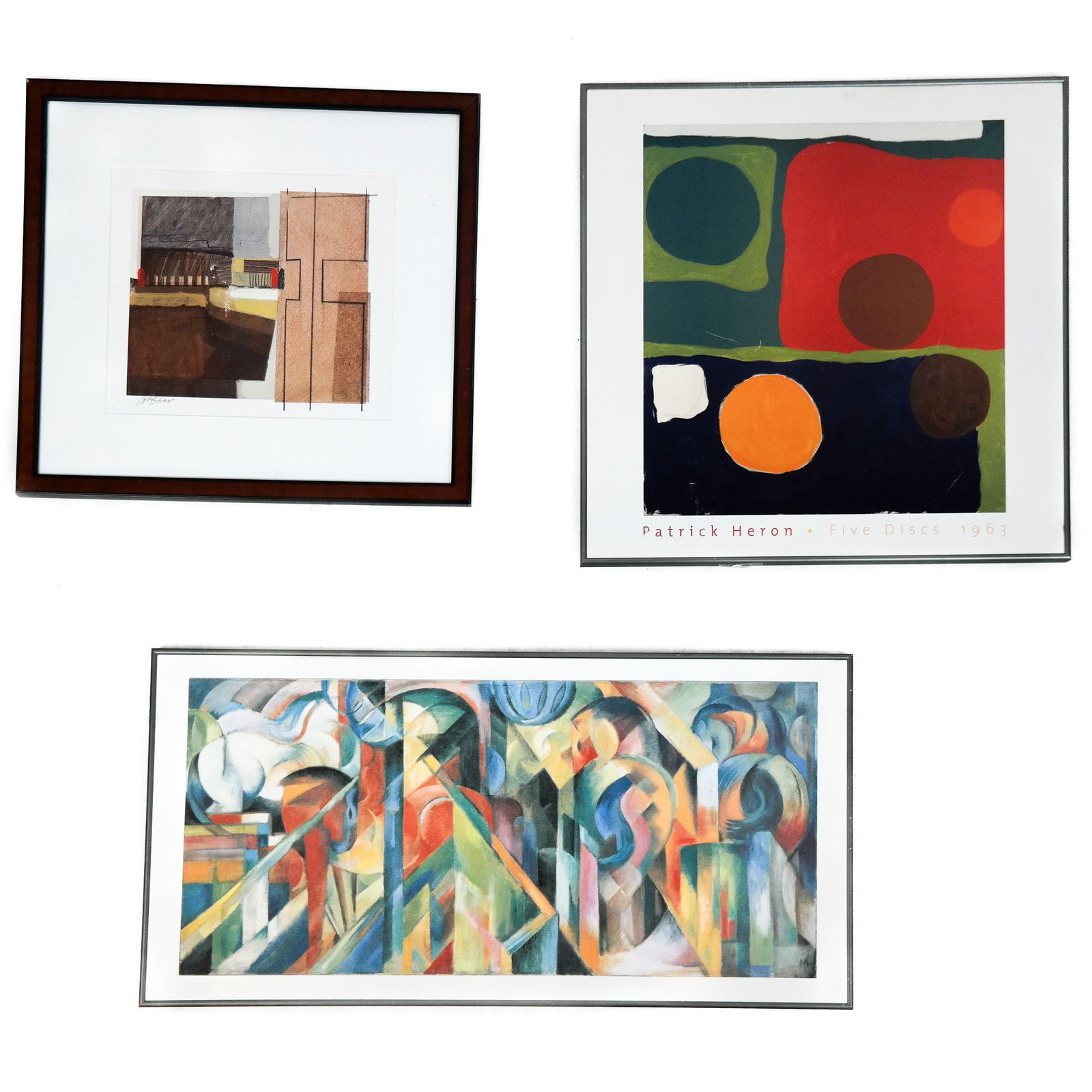 Group of 3 Abstract Art Posters: Group of three abstract art reproduction posters, depicting works by Patrick Heron, Franz Marc, and Craig Alan. [Largest overall: 20" H x 39.5" W]. All frames lacking glass and worn. Works with