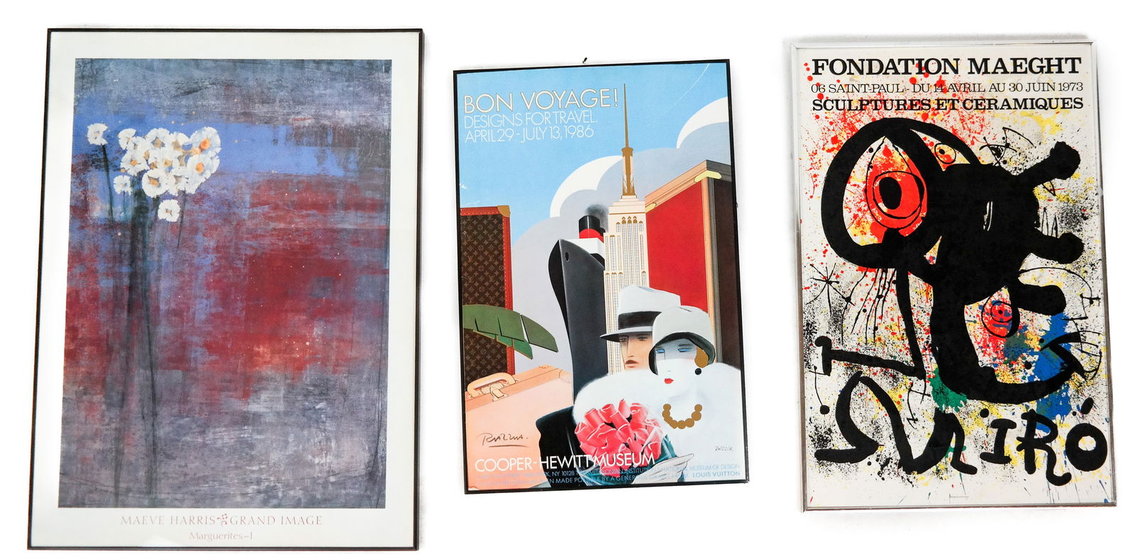 Group of 3 Art Posters: Group of three art reproduction posters, depicting works by Joan Miro, Maeve Harris, and a travel poster by Razzia. [Largest overall: 37.25" H x 27.25" W]. Two frames lacking glass and worn. Maeve Har