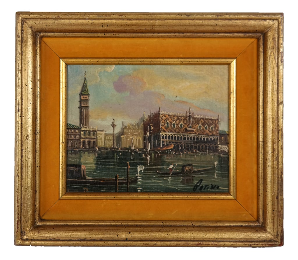 PATINO Venetian Canal Scene Oil on Canvas: Oil on canvas painting depicting the Bacino di San Marco in Venice, 20th century, signed lower right "Patino", contained in vintage giltwood velvet lined frame. [Canvas: 8.25" H x 10.25" W; Frame: