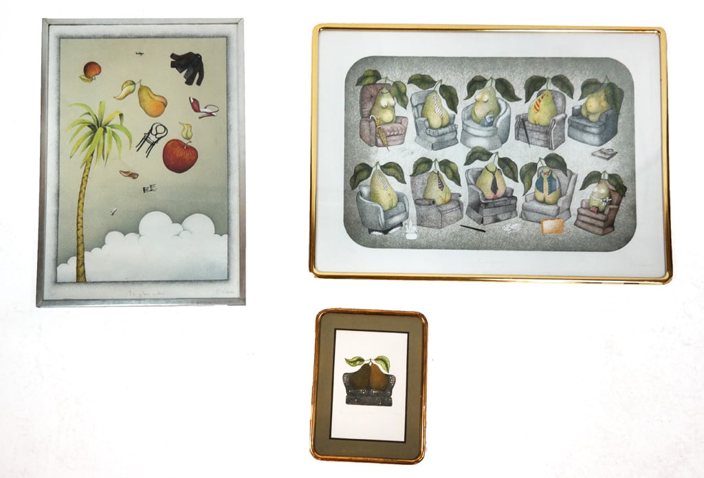 Juan CALDERON 3 Signed Surrealist Prints: Juan Calderon (Mexican, b. 1938) group of three signed serigraph prints, 20th century, each depicting surrealist scenes with fruit, including: "Junta de Consejo," ed. 42/75, 1979; "Y a La Noche Que