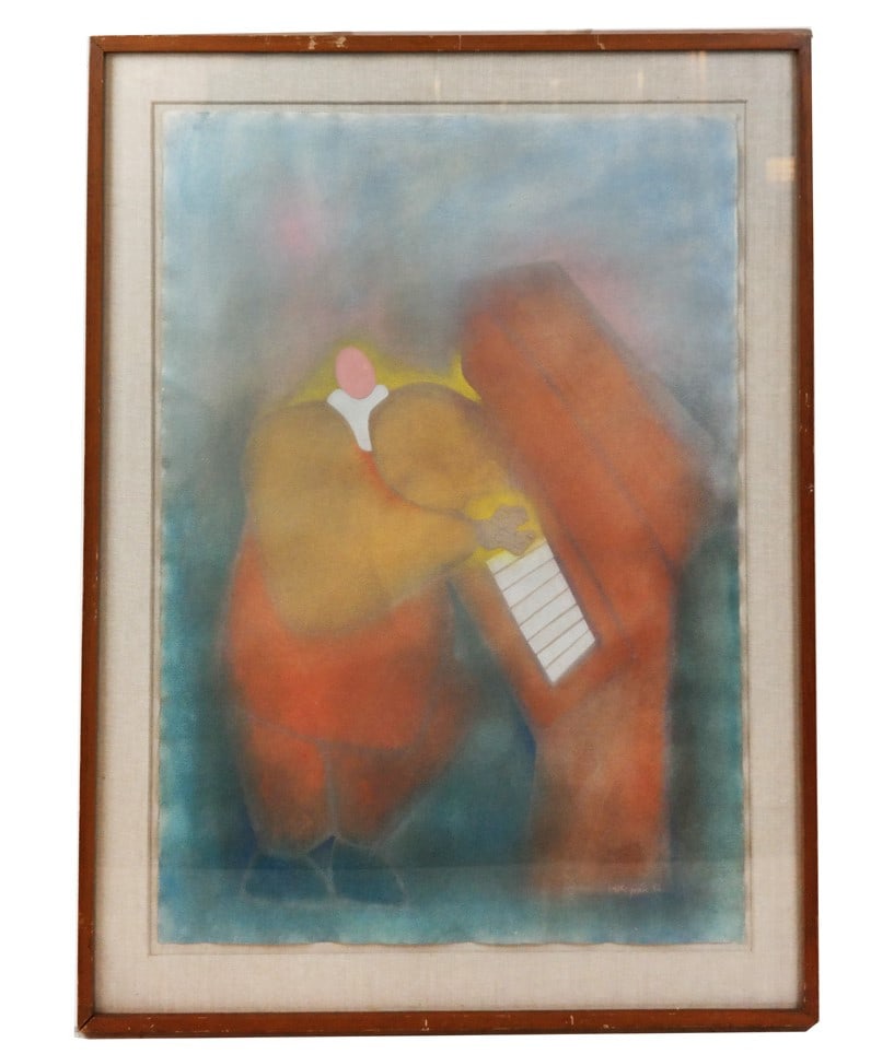 Armando VILLAGRAN Surrealist Watercolor & Pastel: Armando Villagran (Mexican, 1938-1995) surrealist watercolor/gouache and pastel figural painting, signed and dated lower right "Villagran '82". Framed and matted under glass. [Sheet: 30.5" H x 22" W;