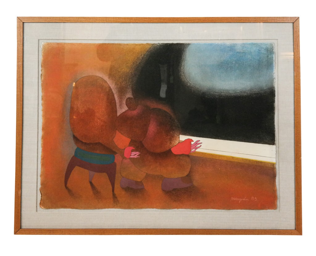 Armando VILLAGRAN Surrealist Watercolor & Pastel: Armando Villagran (Mexican, 1938-1995) surrealist watercolor/gouache and pastel painting depicting a figure at a window, signed and dated lower right "Villagran '83". Framed and matted under glass.