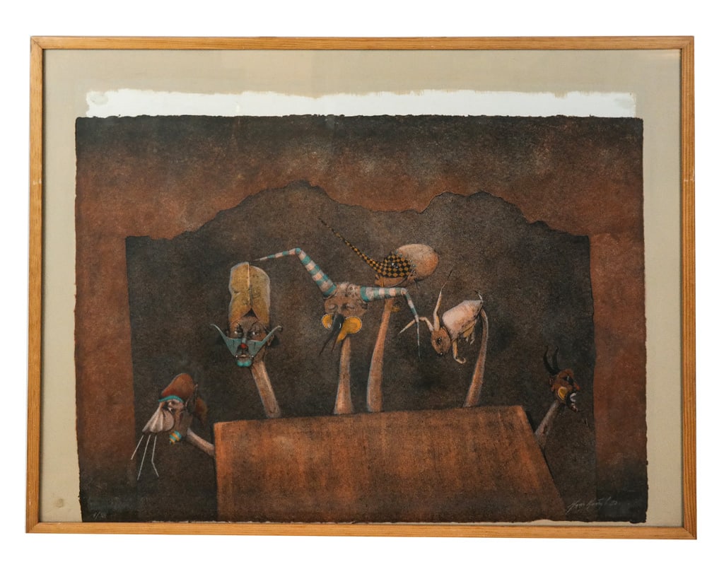 Mario Martin DEL CAMPO Surrealist Signed Print: Mario Martin Del Campo (Mexican, b. 1945) surrealist serigraph print titled "Carpa," signed and dated lower right, 1982, numbered lower left 14/38. Bearing artists label to verso from Galeria Arvil
