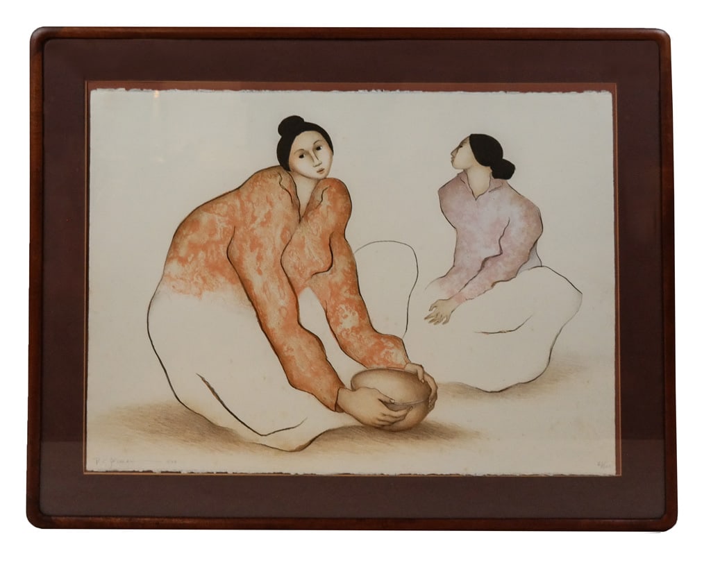 R.C. GORMAN Signed Print of Two Seated Women: Rudolph Carl Gorman (Native American, 1931-2005) color lithograph depicting two seated women titled "Woman from Chinley St. II," 1979. Pencil signed and dated lower right, numbered lower left 65/100,