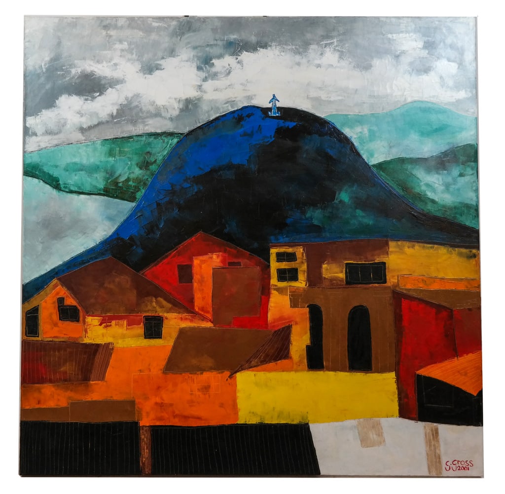 Gabriel GROSS Village Landscape Oil on Canvas: Gabriel Gross (Ecuadorian, b. 1952) large oil on canvas titled "Techos de Zinc en el Panecillo," 2001, depicting a colorful mountainous village scene of Quito, Ecuador. Signed and dated lower right,