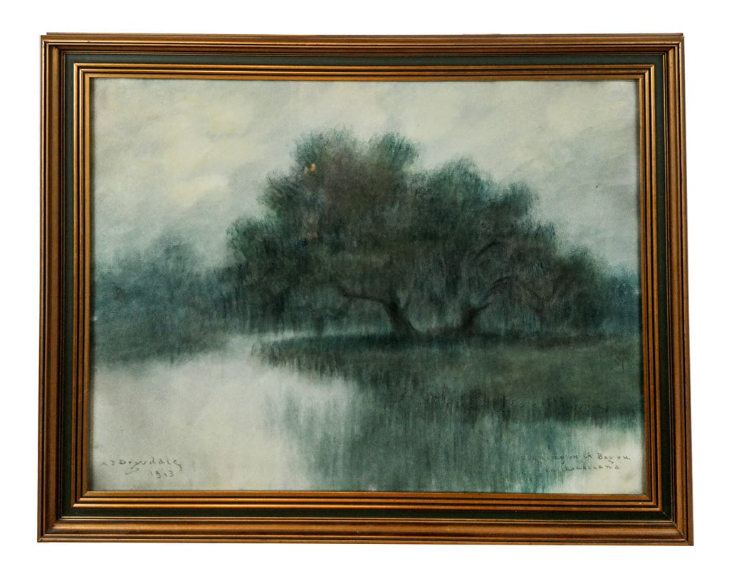 A.J. DRYSDALE "Evening on a Bayou..." Oil Wash: Alexander John Drysdale (American, 1870-1934) oil wash on paper titled "Evening on a Bayou in Louisiana," 1913. Pencil signed "A.J. Drysdale" and dated lower left, titled lower right. Framed under gla