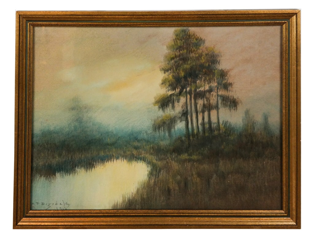 A.J. DRYSDALE Marsh Landscape Oil Wash: Alexander John Drysdale (American, 1870-1934) oil wash on paper depicting a Louisiana marsh landscape with trees. Pencil signed "A.J. Drysdale" and dated lower left, 1916. Framed under glass. [Sight: