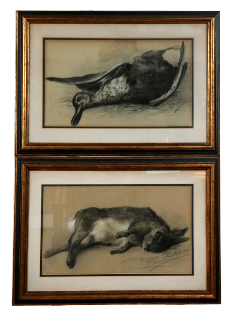 R. HAUSER 2 Charcoal Drawings of Game: Group of two charcoal drawings on paper depicting game, 20th century, each pencil signed lower right "R. Hauser". Framed and matted under glass. [Overall framed: 16.25" H x 23" W]. Each with toning an