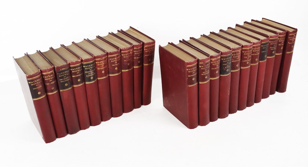 Waverley Novels by Sir Walter Scott, 21: Collection of Waverly novels by Sir Walter Scott, red cloth with gilt lettered spines. Published by de Wolfe, Fiske & Co., Boston. [7.5" H x 5.5" W x 1.25" D]. Overall condition varies, wear