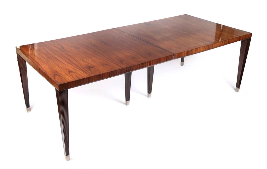 Dessin Fournir Rosewood Veneer Dining Table: Dessin Fournir rosewood veneer and brass dining table, probably designed by Kerry Joyce, in the neoclassical style with fluted tapering legs and brass border and feet, with one leaf, label to leaf an