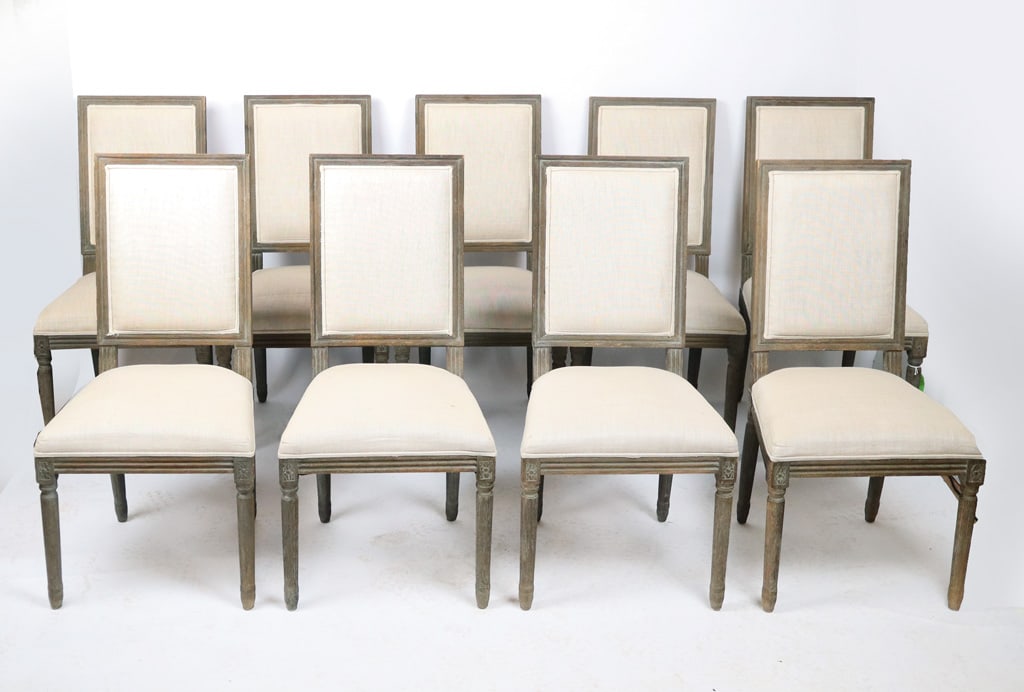 Restoration Hardware Vintage French Dining Chairs, 9: Restoration Hardware "Vintage French Square Back" dining side chairs, with sandy colored linen and weather oak drift finished carved frame, labels to base "Restoration Hardware 2/2012". [40" H x 19"