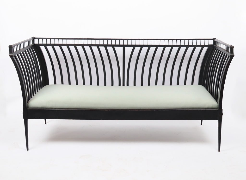 Dessin Fournir Rosewood Veneer Chaise Lounge: Antique French Directoire-style black painted daybed settee, probably last quart of the 19th century, with upholstered slip in seat. [37" H x 75" L x 28" D, Height to seat: 18"]. Overall condition is