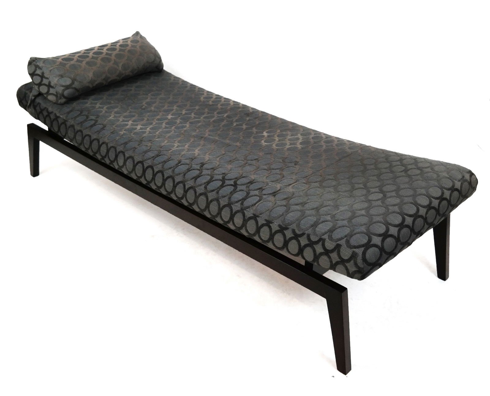 Fendi Casa Inspired Chaise / Daybed / Bench: Fendi Casa inspired upholstered chaise / daybed / bench on an ebony frame, unmarked. [18.5" H x 70" L x 27" D]. Overall condition is good, some scuffing to frame and minor separation to one leg.