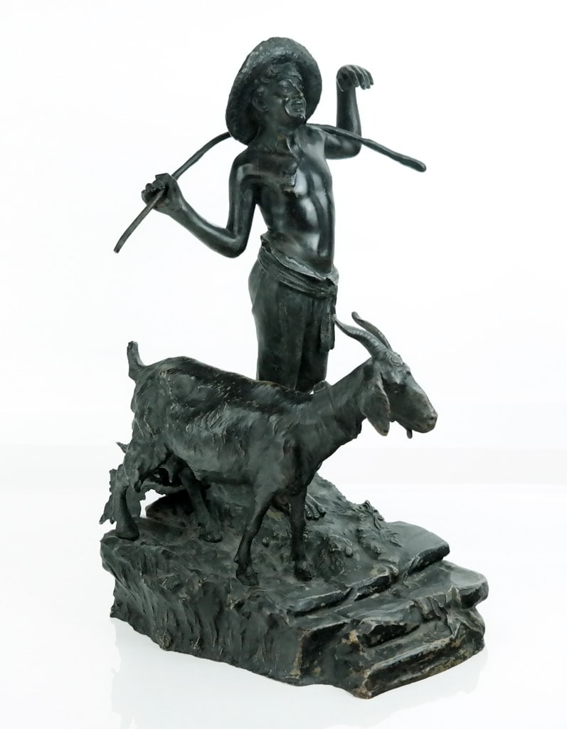 Tommaso CAMPAIOLA Bronze of Sheperd Boy: Tommaso Campaiola (Napoli, 19th/20th Century) bronze figure of a shepherd boy with goat walking down a hill, signed on back and with foundry stamp "T Campaiola Fond. Art Lagana Napoli". [15.5" H x