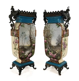 Pair of Continental Hand-Painted Metal Vases