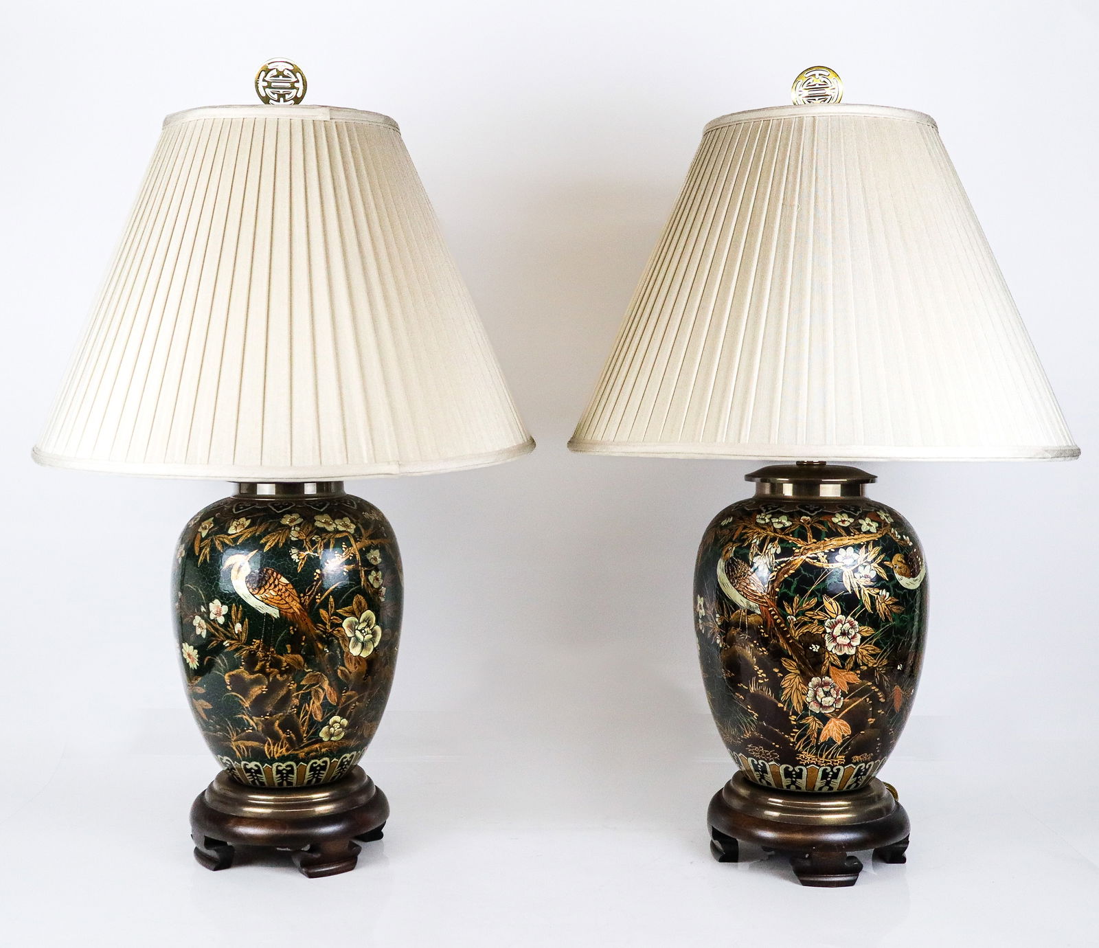 Frederick Cooper Pair of Chinoiserie Table Lamps: Frederick Cooper pair of chinoiserie decorated porcelain baluster form table lamps featuring a landscape with peacocks and swallows amidst flowering tree branches in silver, brown, green, black and