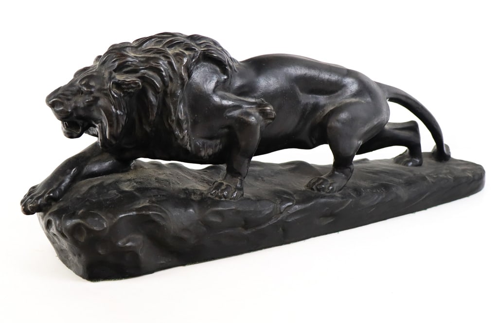 After Isidore Jules BONHEUR Stalking Lion Composit: After Isidore Jules Bonheur (French, 1827-1901), composition figure of a stalking lion, signed Bonheur. [8" H x 19" L x 4.5" W]. Overall condition is fair/good, wear evident.