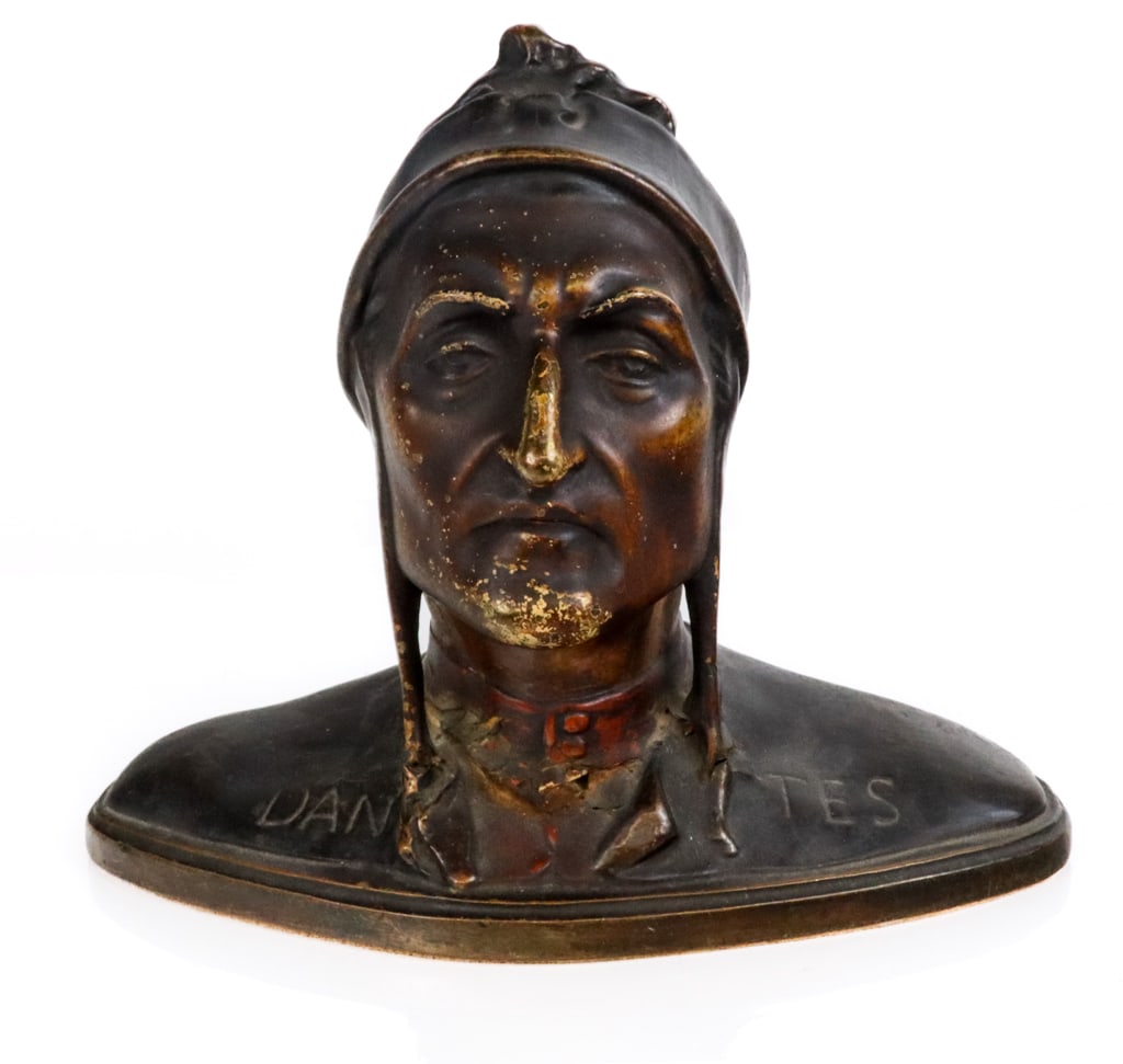 Pompeian Bronze Co. Bronze-Clad Bust of Dante: Painted bronze-clad figure of Dante's head, Brooklyn, first quarter of the 20th century, mark to reverse "Pomperian Bronze Company 336". [10" H x 8.25" W x 5" D]. Overall condition is fair, with