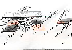 Iron and Grape Decorated Outdoor Dining Set, 5: Iron and grape decorated five-piece dining set, 20th century, comprising a glass top table with grape-decorated apron, and four cabriole legs joined by a cross-stretcher, accompanied by an arm chair a