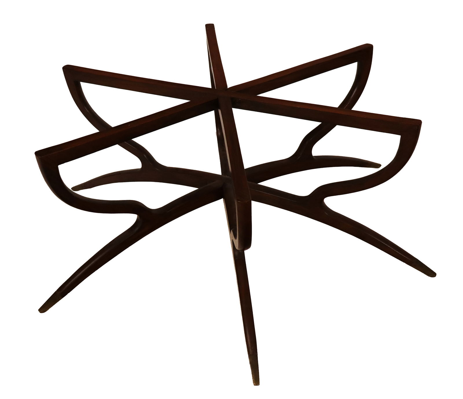 Mid-Century Modern Glass Top Coffee Table: Mid-Century Modern glass top coffee or cocktail table, mid-20th century, with six legs in a collapsible frame, terminating in brass sabots. [48" Diameter]. Condition is good with some wear to legs