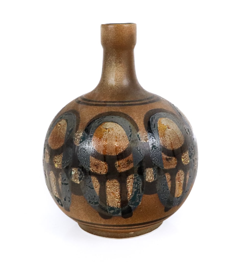 Lapid Studio Pottery Mid-Century Modern Vase: Lapid studio pottery vase, Israel mid-20th century, marked Lapid, Israel, and Batia to base. [10" H x 8" Diameter]. Condition is good.