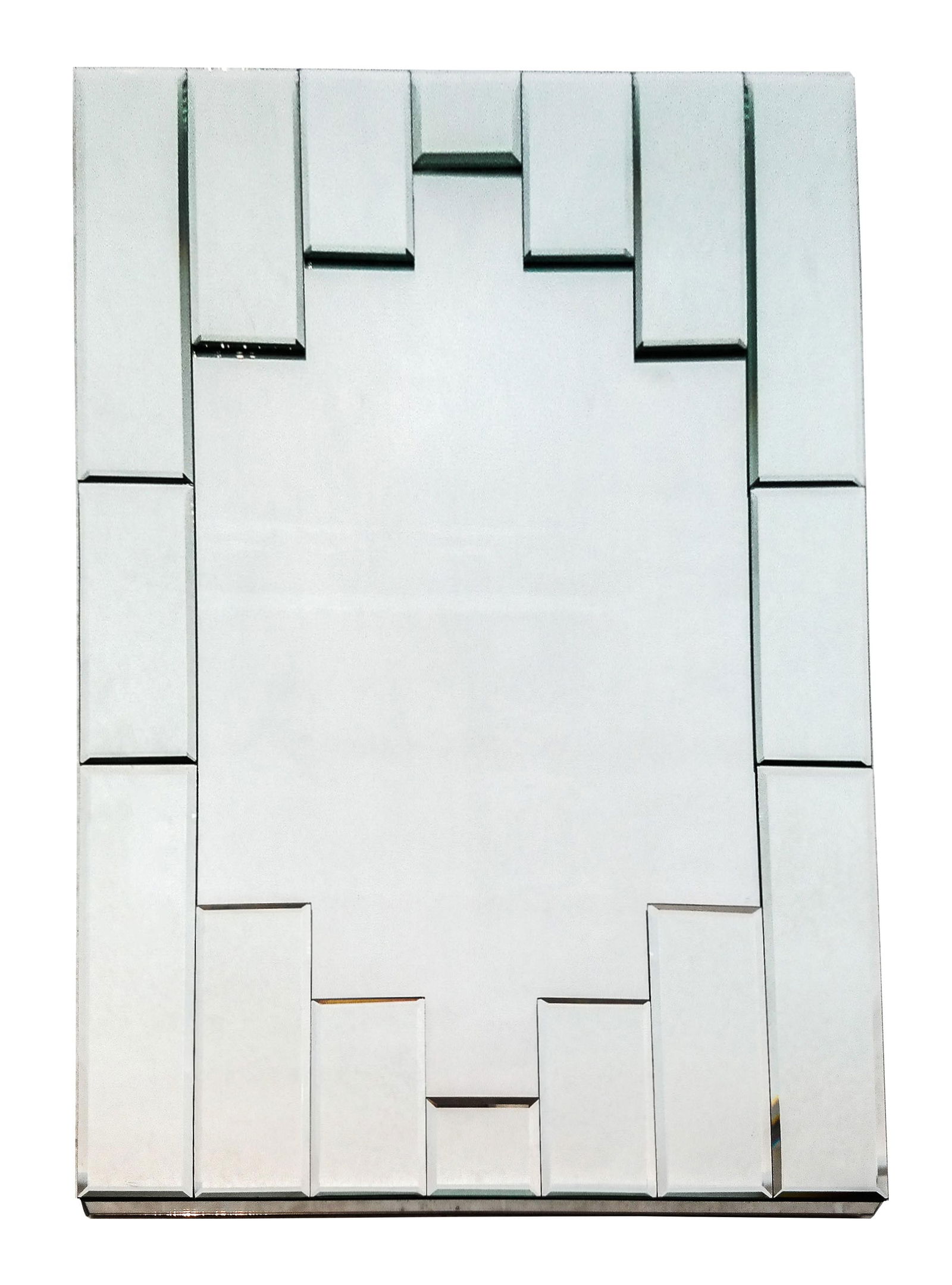 Modern Glass Mirror: Modern glass mirror, late 19th century, with a decorative beveled glass frame. [48" H x 28" W]. Condition is good with some losses to outer frame.