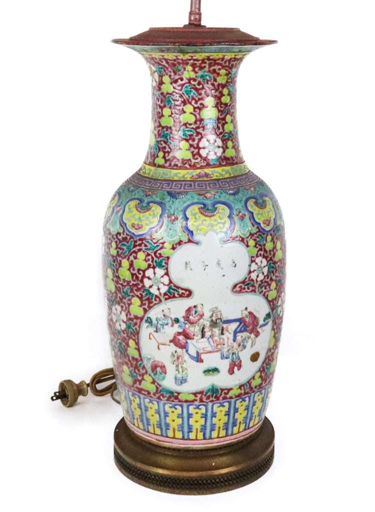 Chinese Famille Rose Vase as a Lamp: Chinese Famille Rose vase, 19th century, with two figural cartouches, each inscribed in Chinese to upper, and surrounded by elaborate floral and foliate design. [To lip: 20" H x 8.5" Diameter].