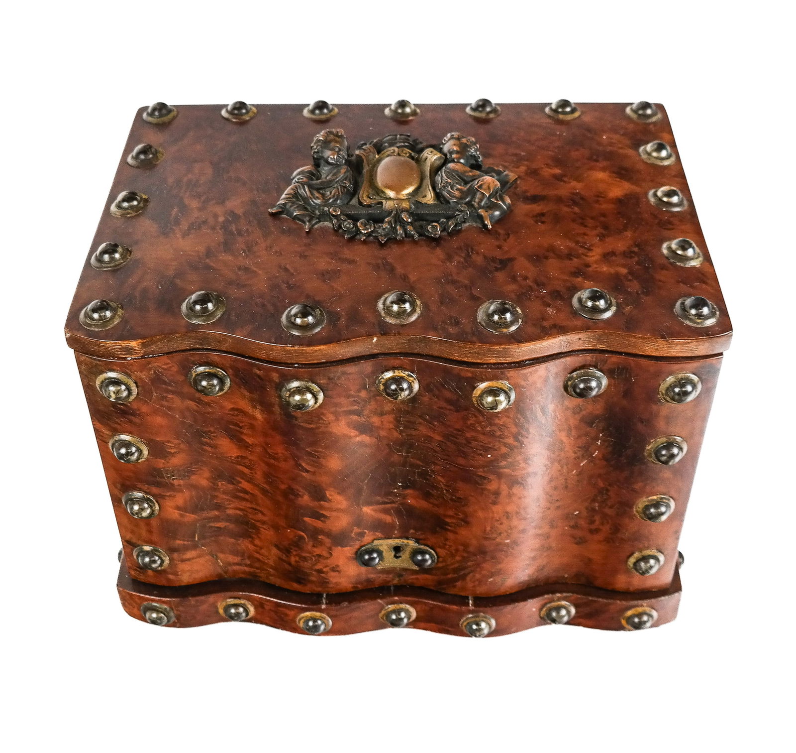 Victorian Burlwood Humidor: Victorian burlwood humidor, 19th century, with a bronze applique of two cherubs flanking a shield crest and bronze mounting to exterior, with a front opening revealing three cigar shelves. [9" H x