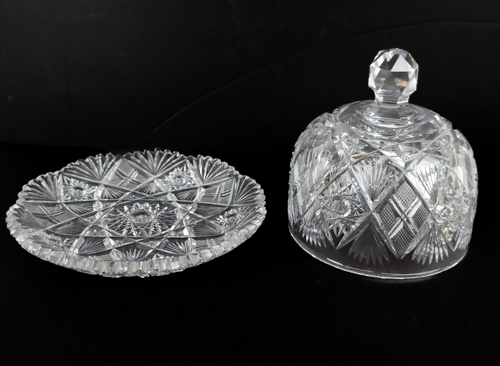 American Brilliant Period Cut Glass Cheese Dome, 2: American Brilliant Period cut glass cheese dome and underplate, possibly Hawkes, unmarked. [8" H x 9.5" Diameter]. Overall condition is good. From the Collection of Sonia and Philip Reine of Long