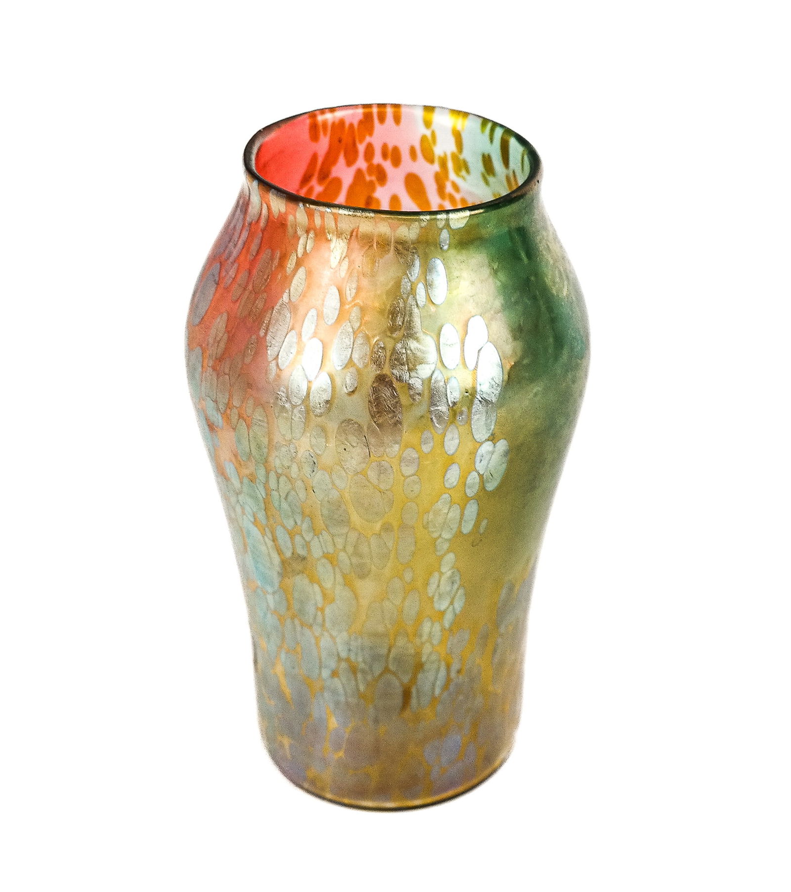 Loetz "Papillon" Iridescent Vase: Loetz "Papillion" iridescent vase, Austrian, first quarter of the 19th century, of baluster form, the ground in sections of blue-green and yellow-orange contrasted by an iridescent blotches of color,