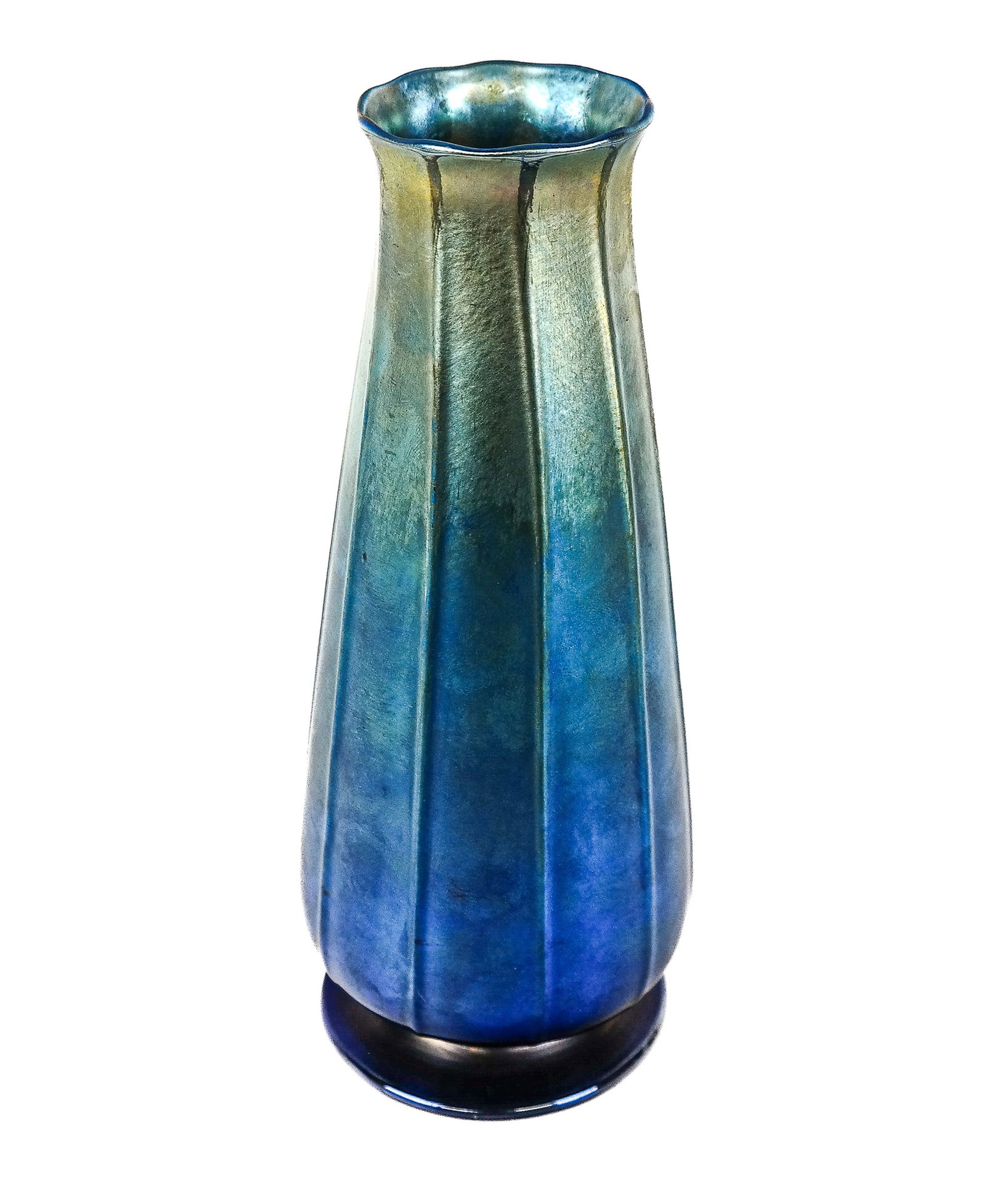 Louis Comfort Tiffany Favrile Vase: Louis Comfort Tiffany favrile gourd inspired vase, the blue ground with gold tones gently changing to green, then blue dark terminating in deep purple aubergine foot, mark to base "6336H L.C. Tiffany