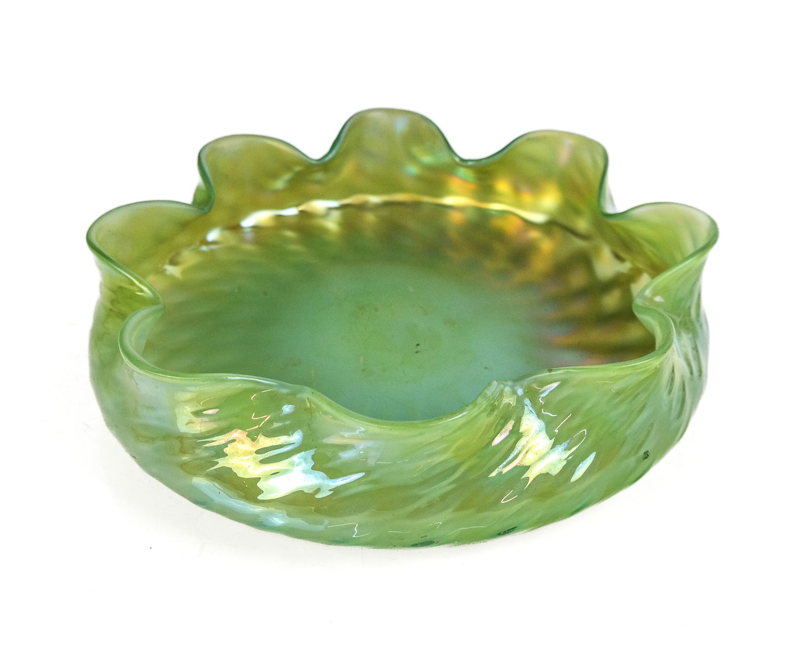 Art Nouveau Art Glass Iridescent Bowl: Art Nouveau art glass iridescent scalloped rim bowl, possibly Bohemian, early 20th century, the exterior in lime green with swirled textured ground, the interior with iridescence in shades of gold,