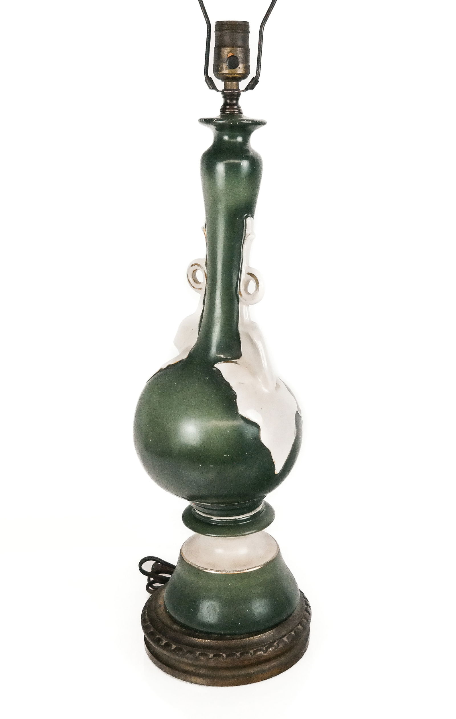 Mid-Century Modern Porcelain Lamp with Callow Lill: Mid-Century Modern porcelain lamp with callow lilies, mid-20th century, and a gilt metal base. [To lower socket: 23" H x 8" Diameter]. Condition is fair with some losses to decoration; wiring untested