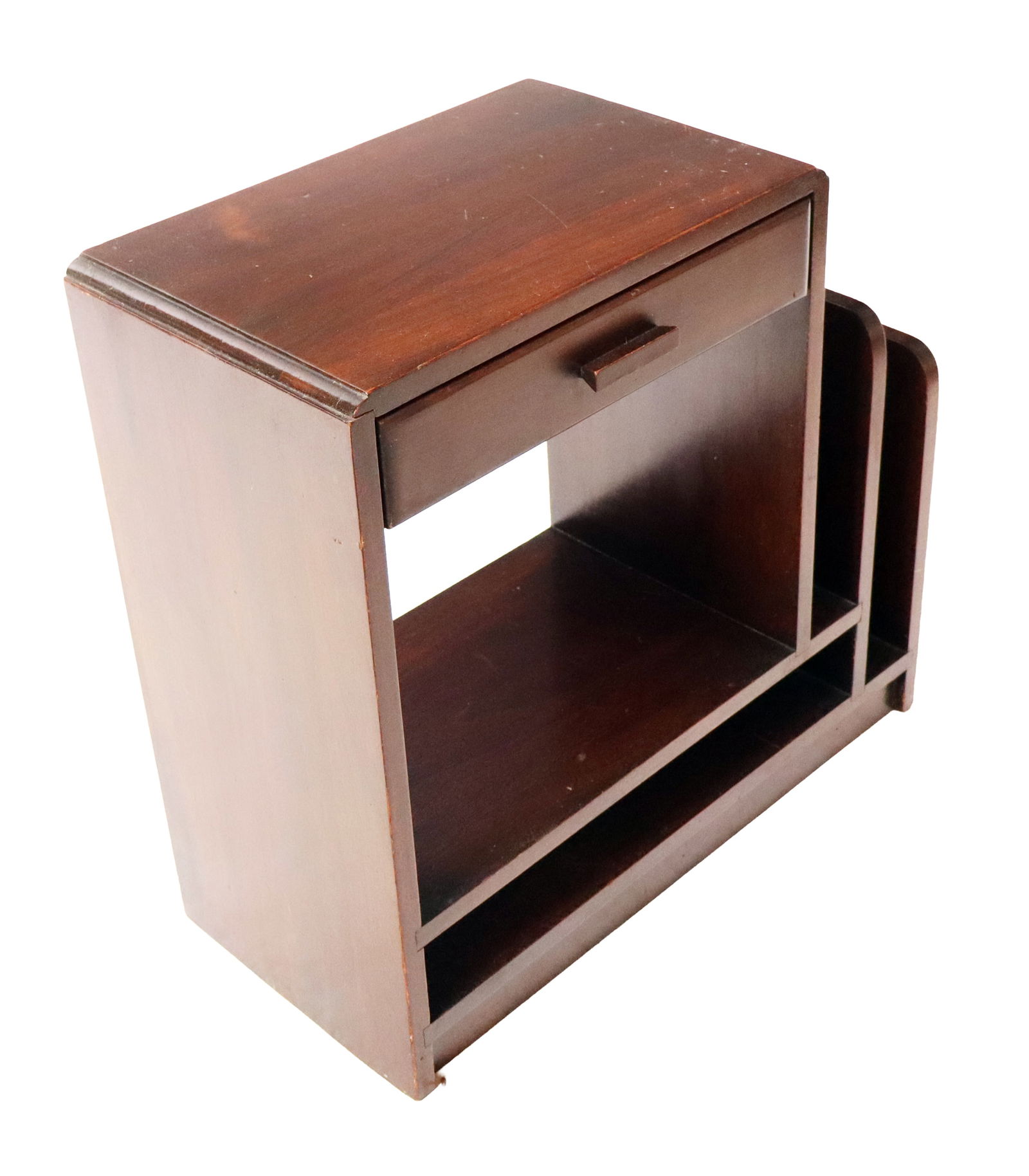 Art Deco Rosewood Canterbury End Table: Art Deco rosewood canterbury end table, circa 1920, with a single drawer over a compartment with wrack to right side. [23" H x 24" W x 11" D]. Condition is good with minor surface wear. From the Colle
