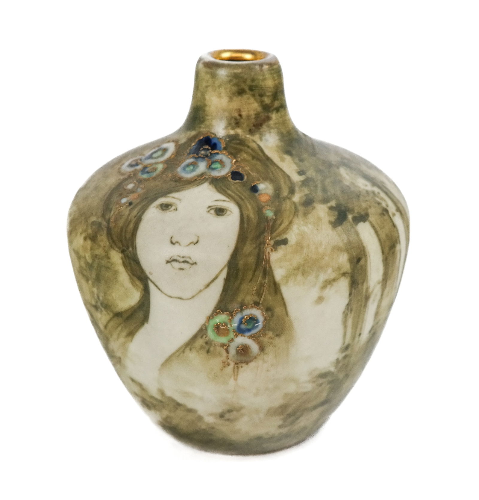 Turn Teplitz Art Nouveau Amphora Vase: Turn Teplitz Art Nouveau amphora vase, Austria (Bohemia), early 20th century, with figural and enamel decoration on a forest decorated ground, and gilt decoration to lip, stamped Amphora and with Turn