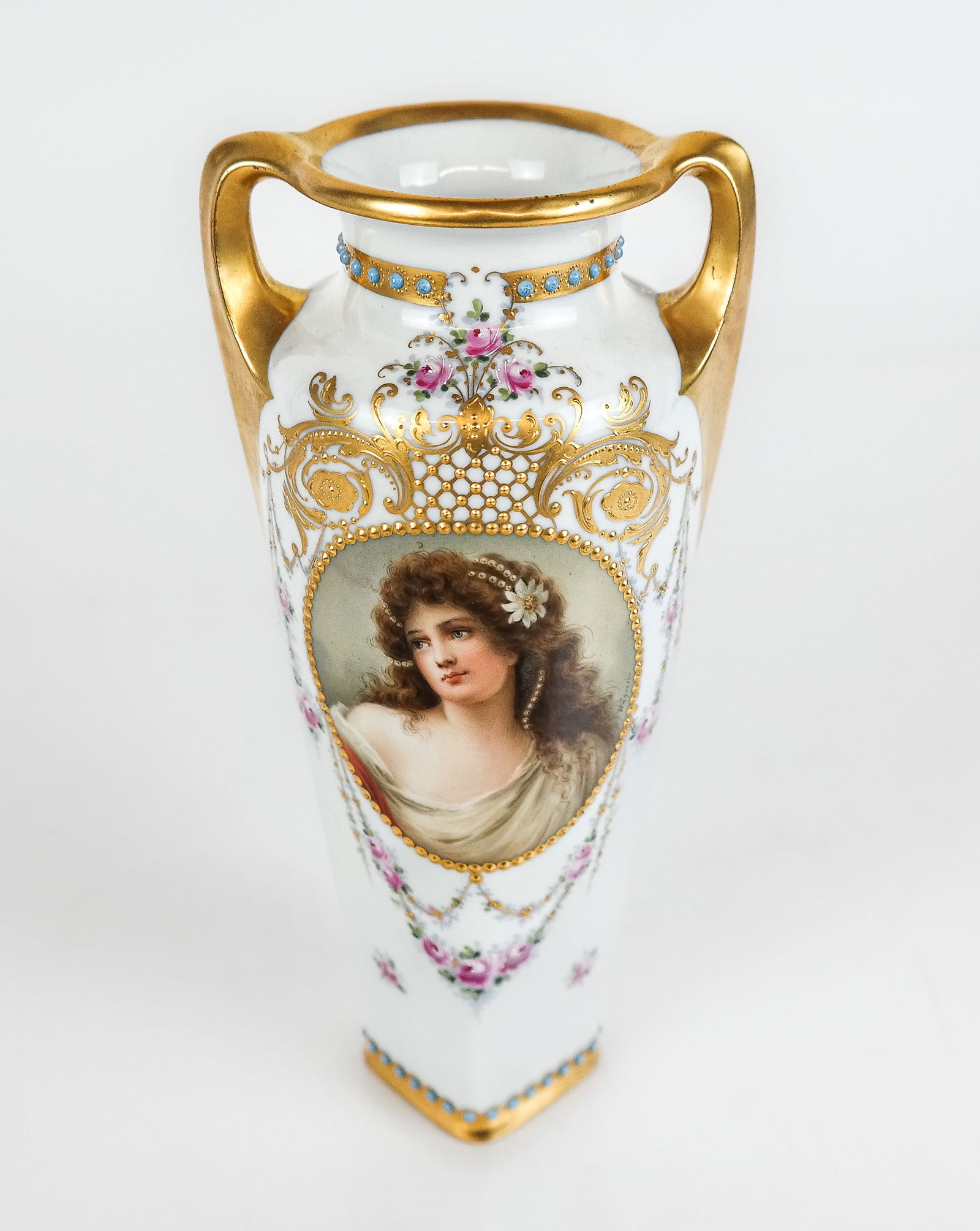 Franz Wagner Royal Vienna Porcelain Portrait Vase: Franz Wagner (Austrian, 19th century) signed Royal Vienna portrait vase, Austria circa 1890, with Mercedes, two handles and gilt and jeweled decoration, signed Wagner to portrait, titled to base, and