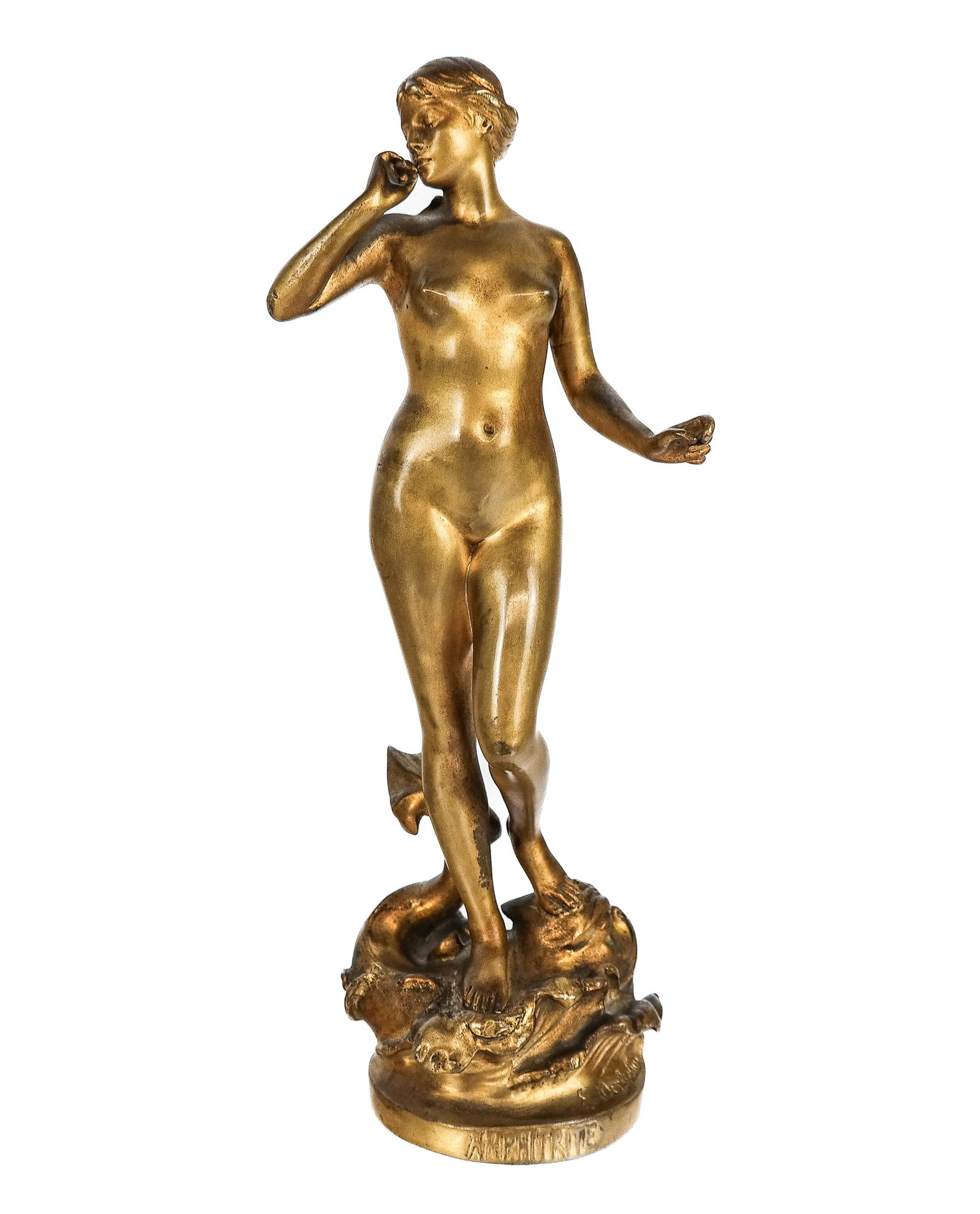 Eugene Deplechin Gilt Bronze Figure of Amphitrite: Eugene Deplechin (French, 1852-1926) gilt bronze figure of the goddess Amphitrite atop a dolphin, signed E. Deplechin to lower with "Amphitrite" to base, likely previously mounted on a marble base. [1