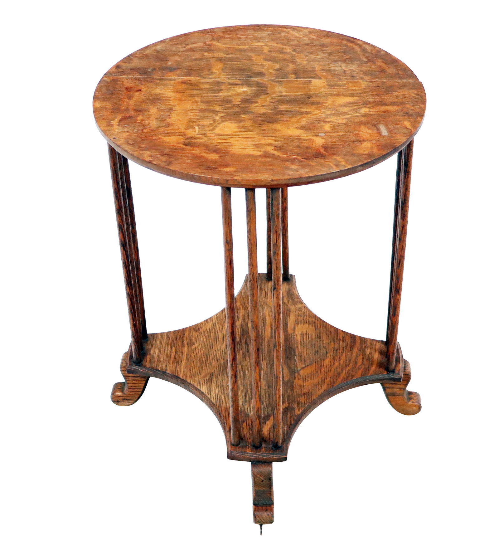 Victorian Tiger Oak Side Table: Victorian tiger oak side or occasional table, 19th century, with two tiers and scrolled feet. [20" H x 15" Diameter]. Condition is good with minor wear including a crack to upper. From the Collection