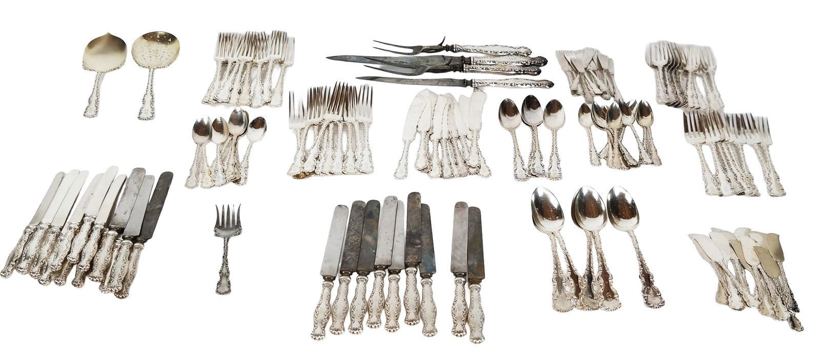 Whiting Manufacturing Co. Sterling Flatware, 150: Whiting Manufacturing Company sterling silver "Louis XV" pattern flatware service, many pieces monogrammed, comprising 12 dinner knives, 11 luncheon knives, 2 pair of carving knives and forks, 15